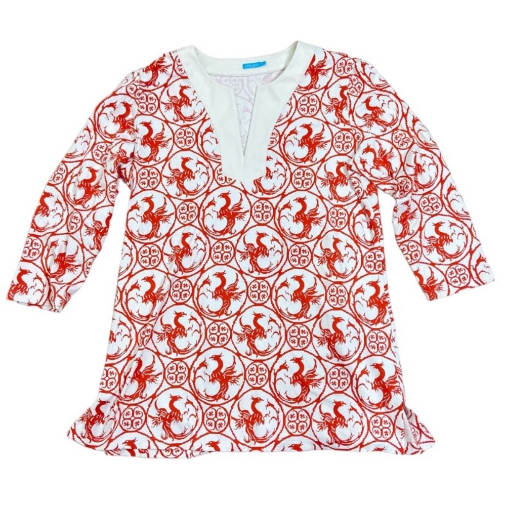 J. Mclaughlin orange Celtic dragon top tunic. Size Large